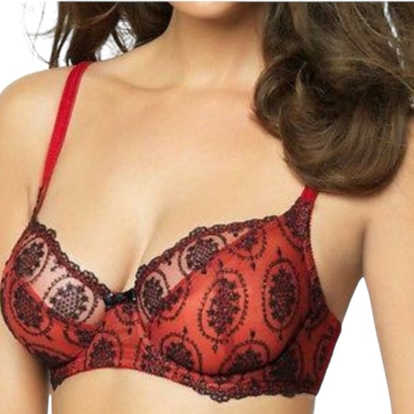 Felina Christelle Bra 36DDD, Red Sheer Mesh Lace Full Busted, EUC - Picture 1 of 11